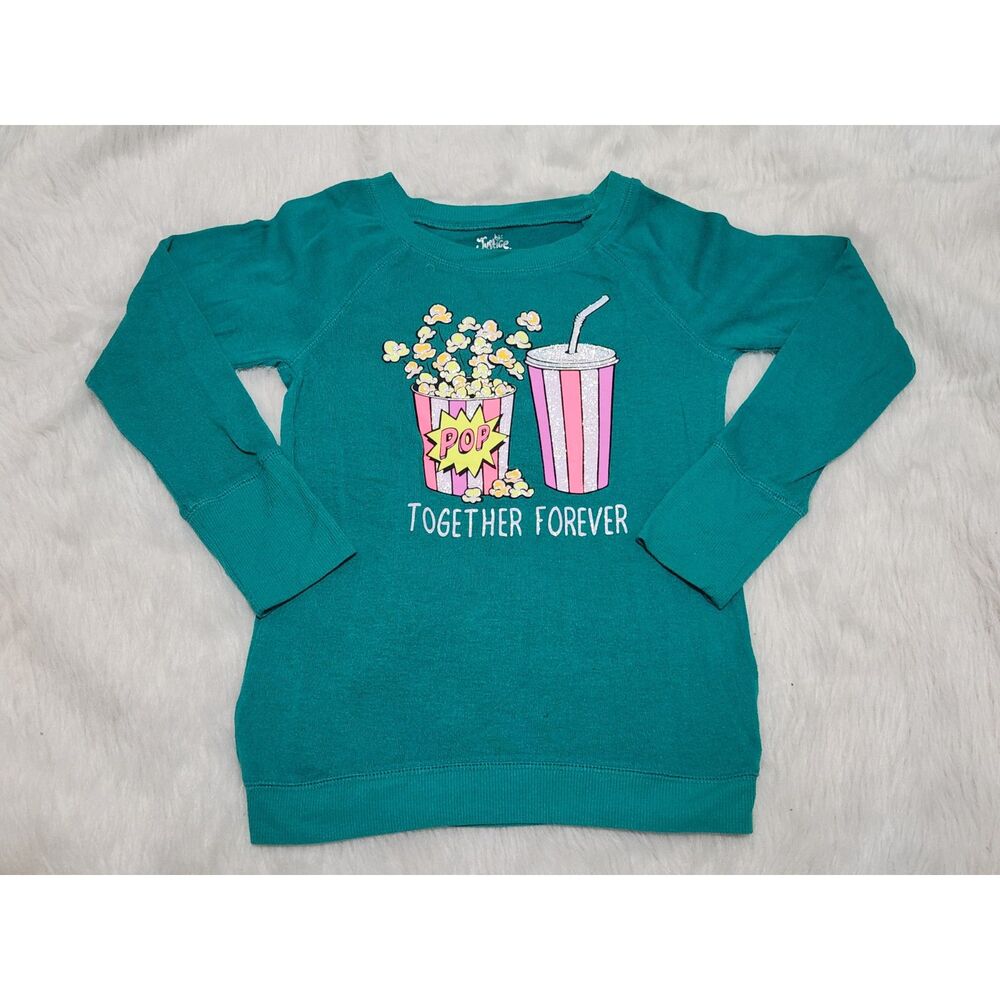Justice Girls Sz 10 Sweatshirt Green Soda Pop Glitter Graphic Popcorn Kpop